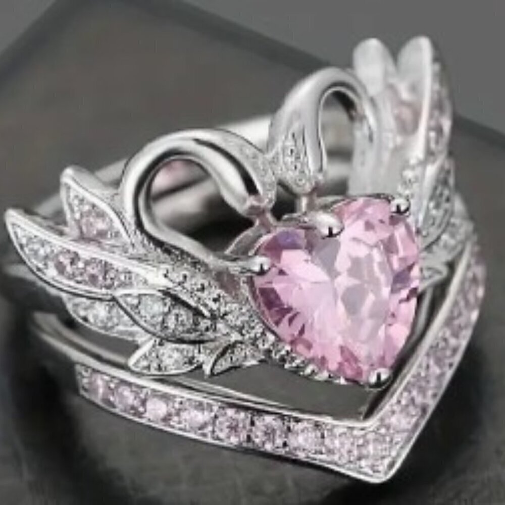 2pcs/set Heart-Shaped & Swan-Adorned Cubic Zirconia Decorative Rings Size 8